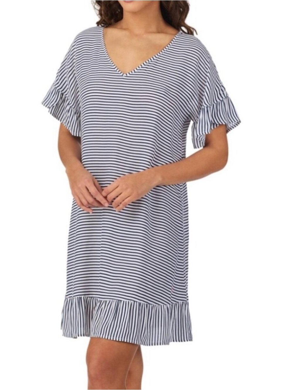 Cuddl Duds Short Tunic Navy Striped Short Sleeve Swim Cover Sleepwear Size L NWT